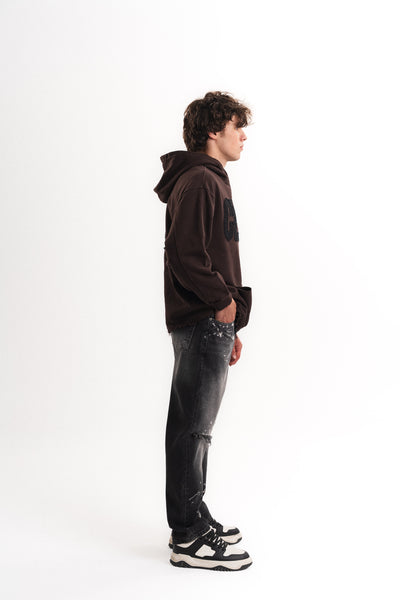 Nakışlı Oversize Kapüşonlu Sweatshirt - Kahverengi
