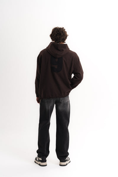 Nakışlı Oversize Kapüşonlu Sweatshirt - Kahverengi