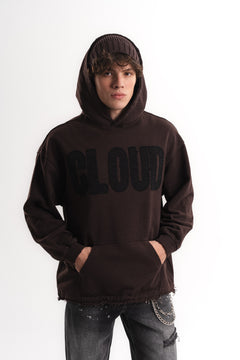 Nakışlı Oversize Kapüşonlu Sweatshirt - Kahverengi