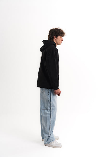 Nakışlı Oversize Kapüşonlu Sweatshirt - Siyah
