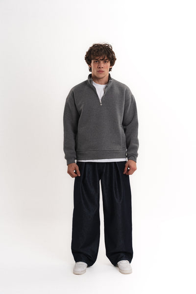 Oversize Yarım Fermuarlı Üç İplik Sweatshirt - Antrasit