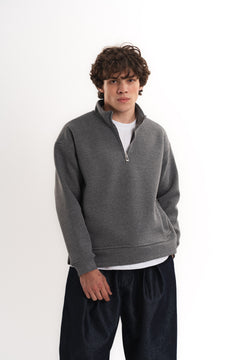 Oversize Yarım Fermuarlı Üç İplik Sweatshirt - Antrasit