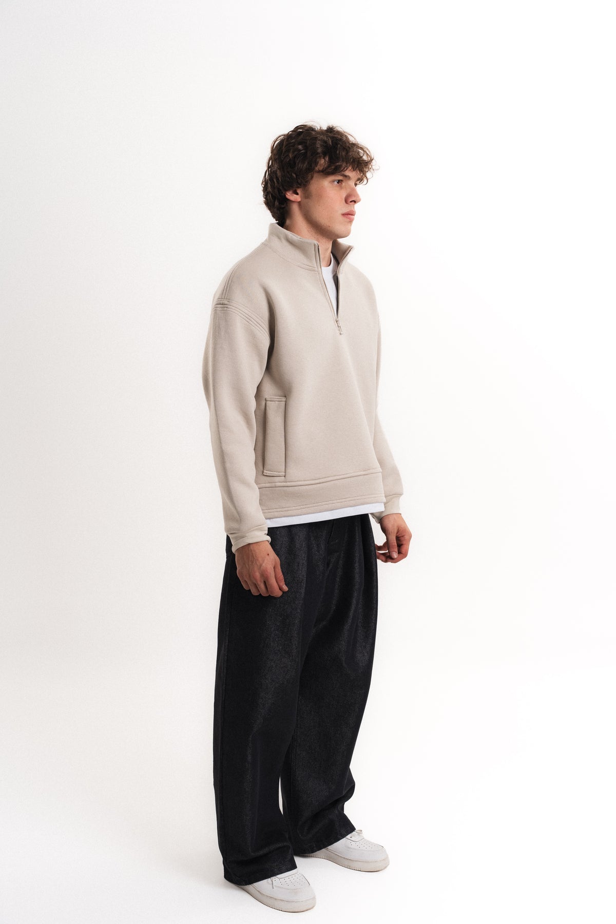 Oversize Yarım Fermuarlı Üç İplik Sweatshirt - Bej