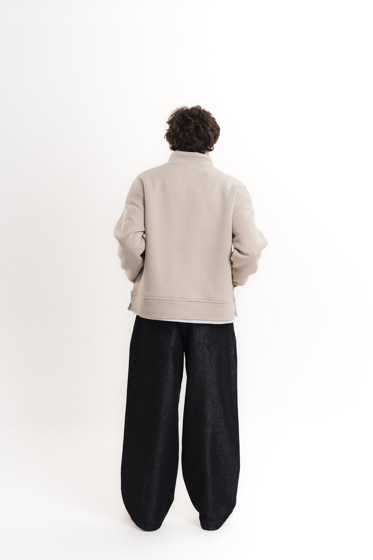 Oversize Yarım Fermuarlı Üç İplik Sweatshirt - Bej