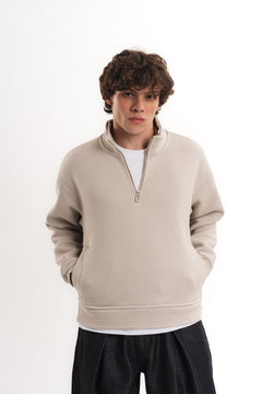 Oversize Yarım Fermuarlı Üç İplik Sweatshirt - Bej
