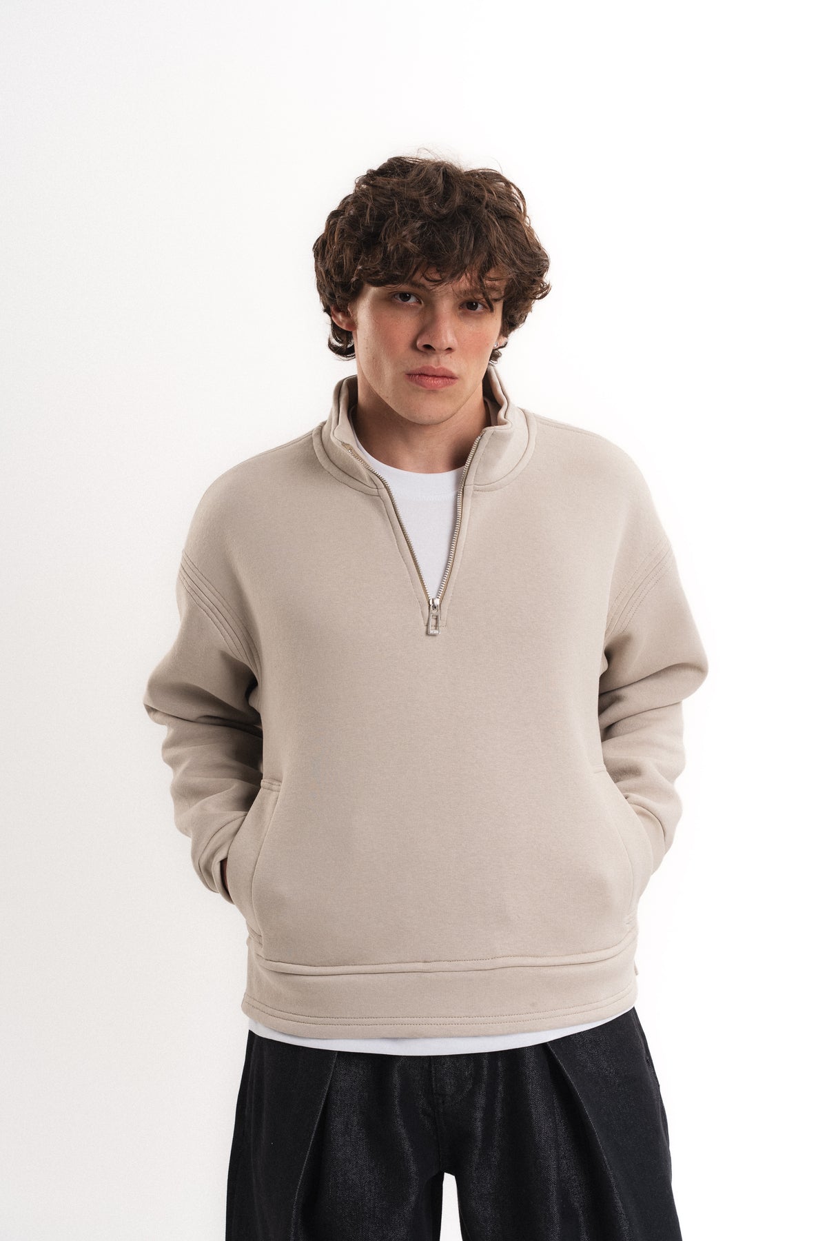 Oversize Yarım Fermuarlı Üç İplik Sweatshirt - Bej