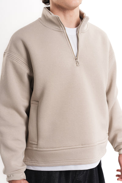 Oversize Yarım Fermuarlı Üç İplik Sweatshirt - Bej
