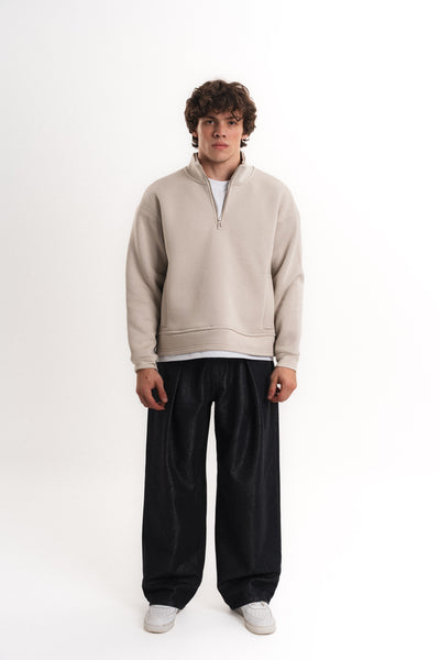 Oversize Yarım Fermuarlı Üç İplik Sweatshirt - Bej
