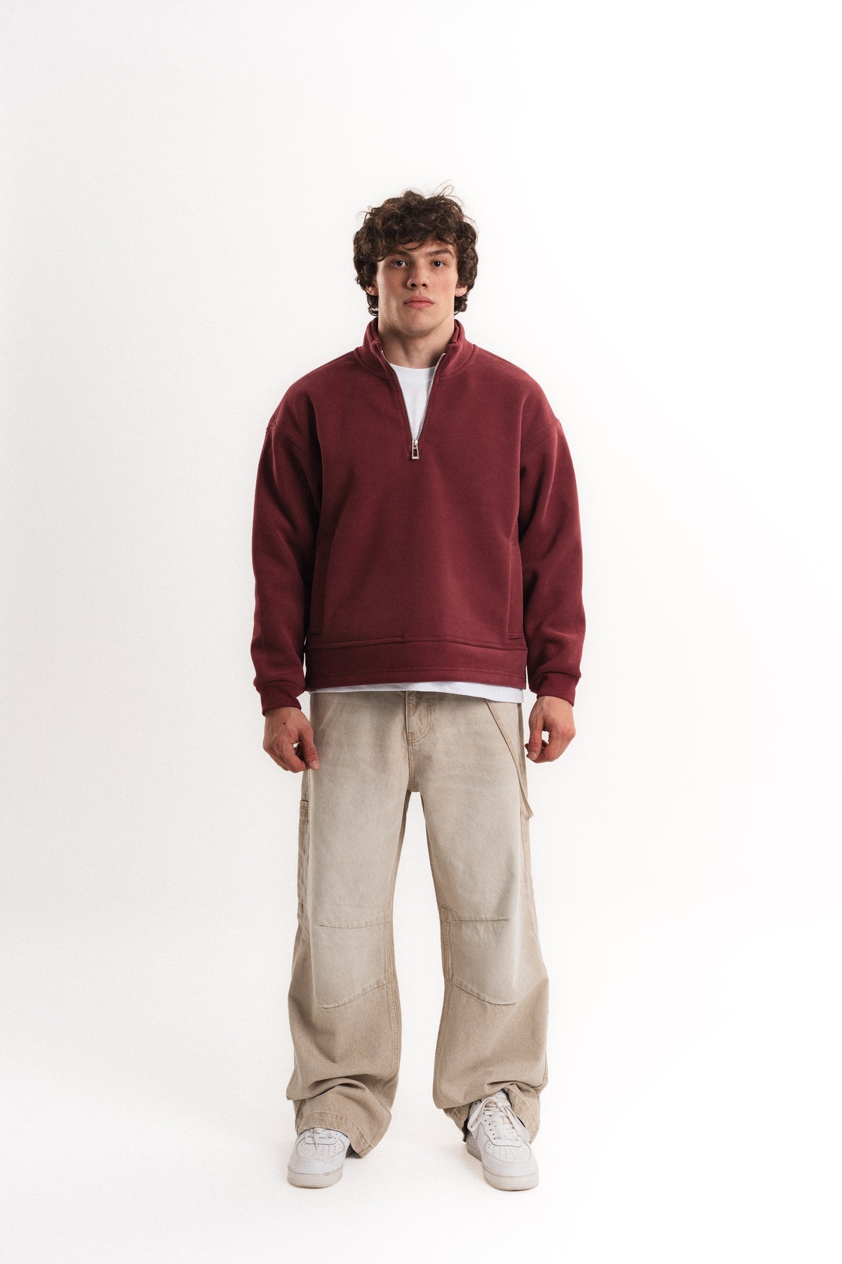 Oversize Yarım Fermuarlı Üç İplik Sweatshirt - Bordo