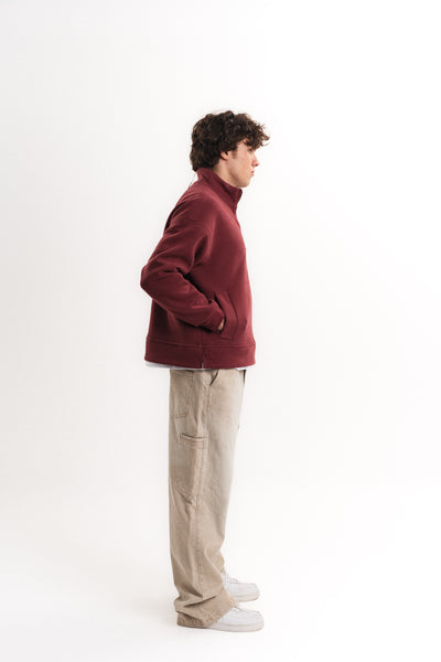 Oversize Yarım Fermuarlı Üç İplik Sweatshirt - Bordo