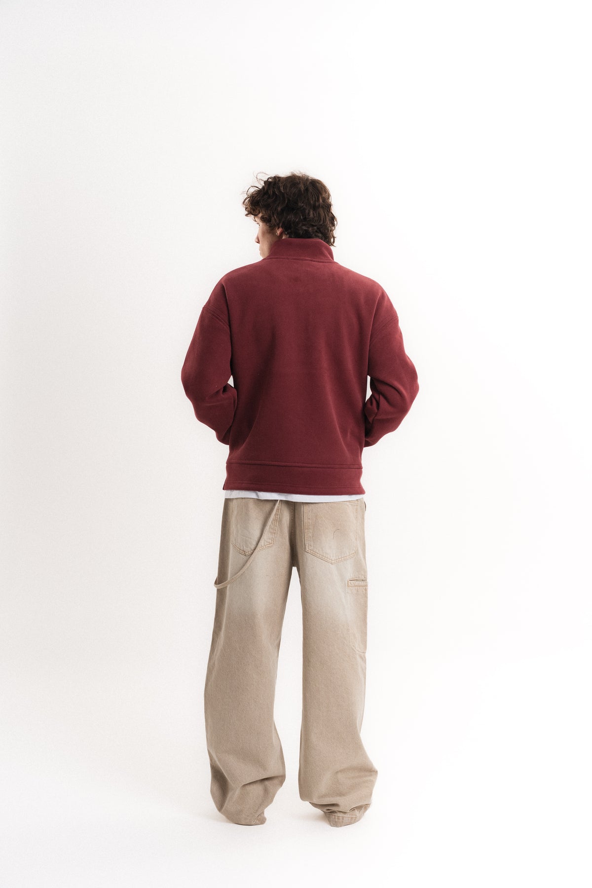 Oversize Yarım Fermuarlı Üç İplik Sweatshirt - Bordo
