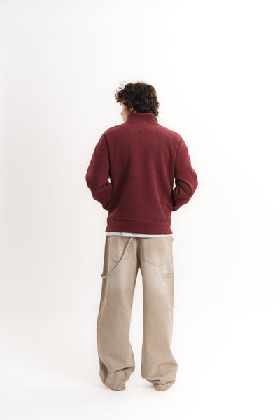 Oversize Yarım Fermuarlı Üç İplik Sweatshirt - Bordo