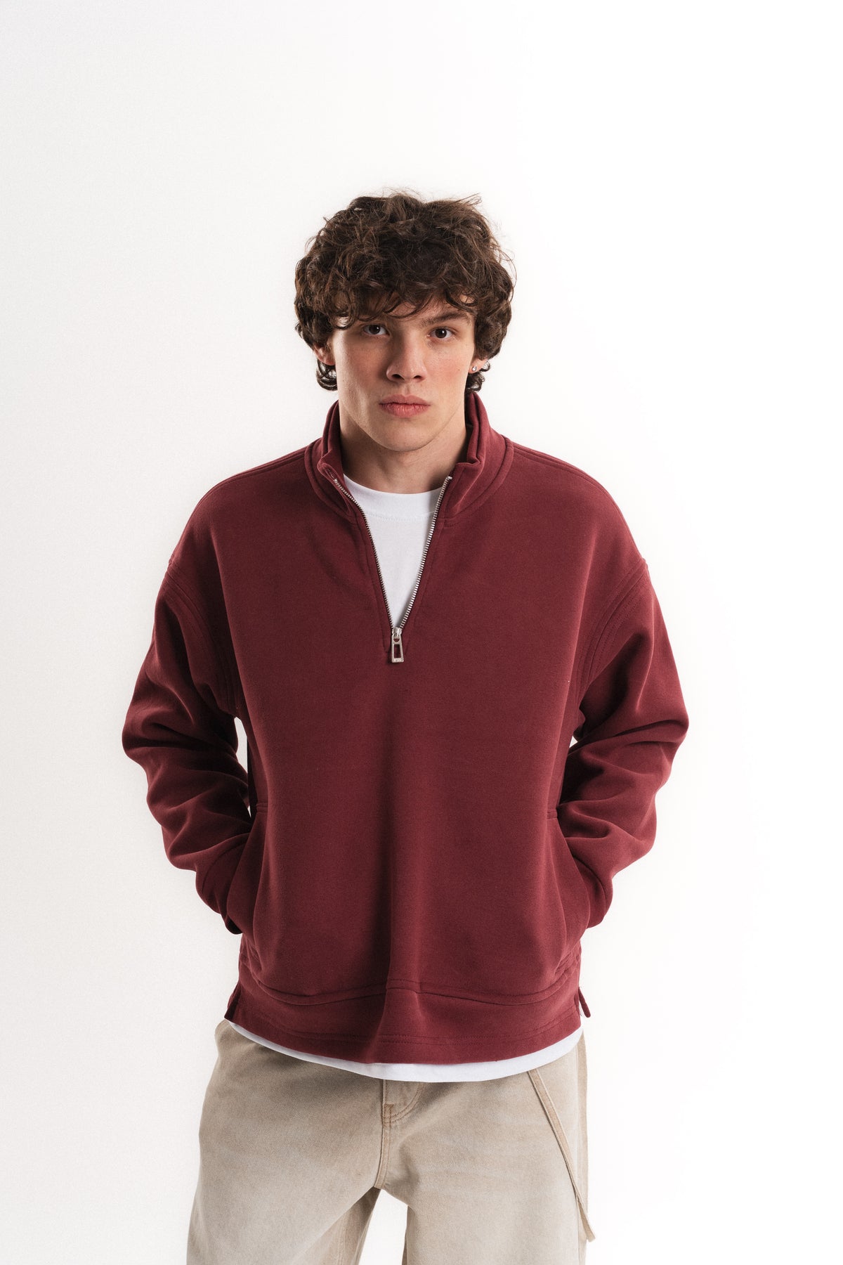 Oversize Yarım Fermuarlı Üç İplik Sweatshirt - Bordo