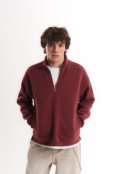Oversize Yarım Fermuarlı Üç İplik Sweatshirt - Bordo