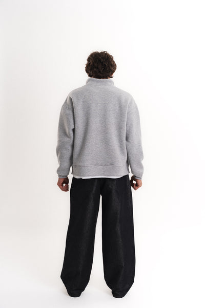 Oversize Yarım Fermuarlı Üç İplik Sweatshirt - Gri