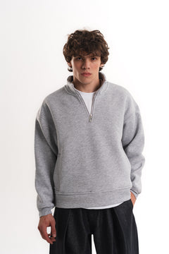 Oversize Yarım Fermuarlı Üç İplik Sweatshirt - Gri