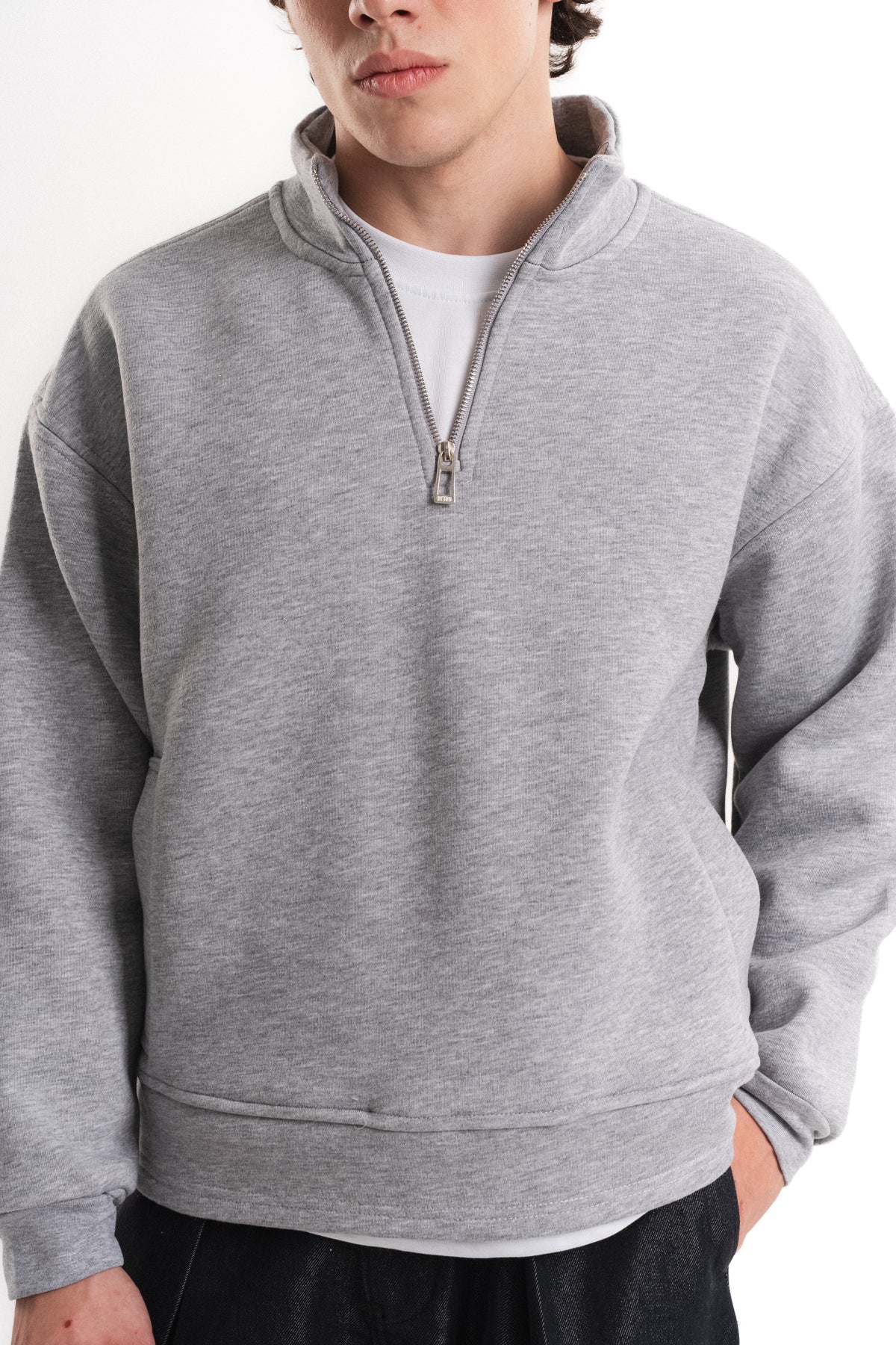 Oversize Yarım Fermuarlı Üç İplik Sweatshirt - Gri