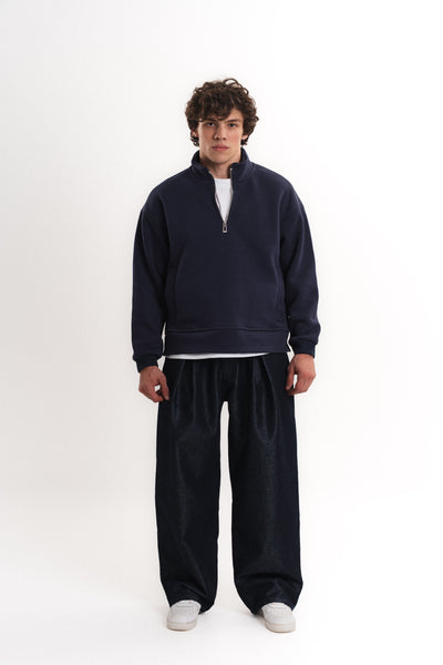 Oversize Yarım Fermuarlı Üç İplik Sweatshirt - Lacivert