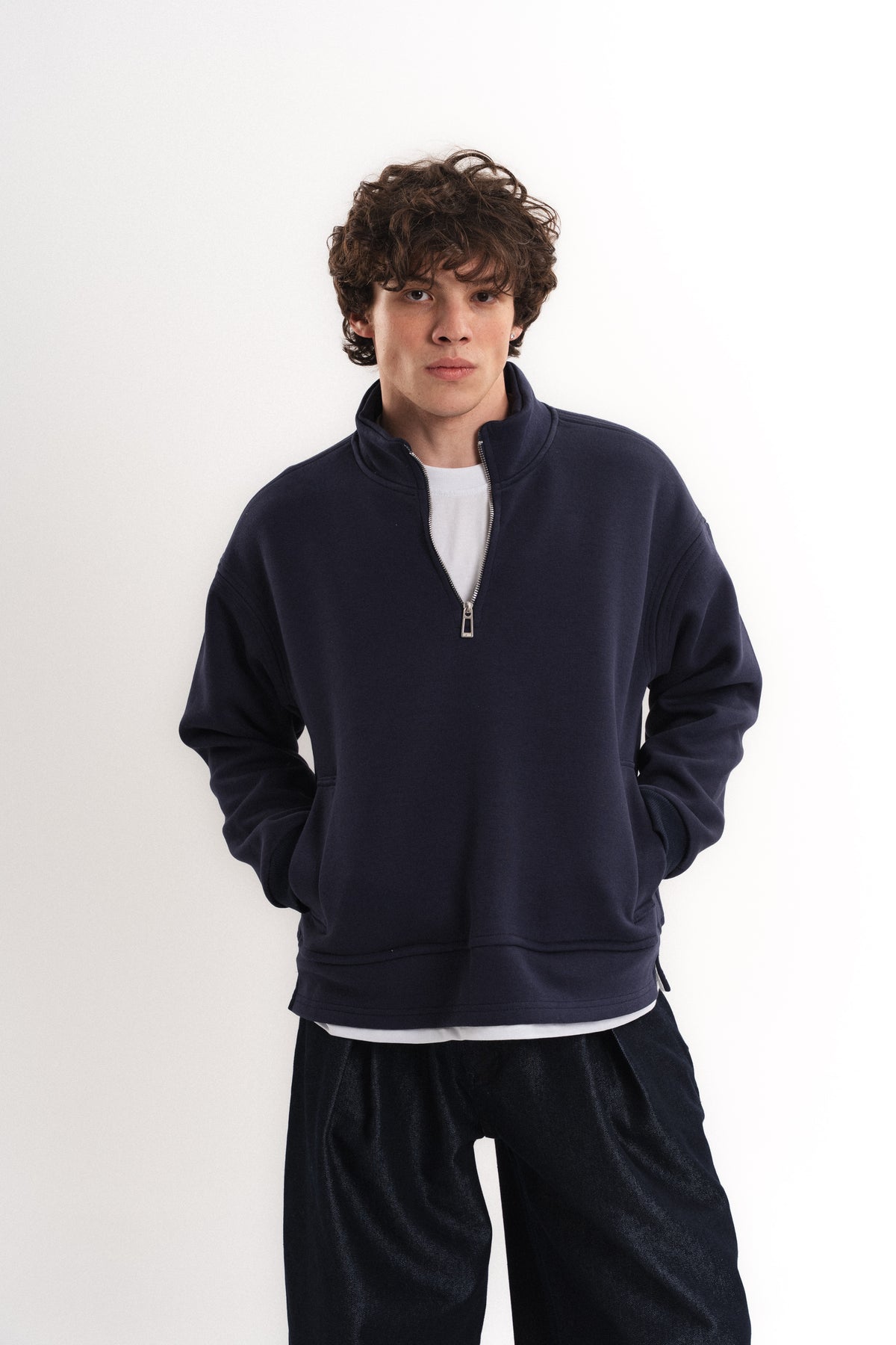 Oversize Yarım Fermuarlı Üç İplik Sweatshirt - Lacivert