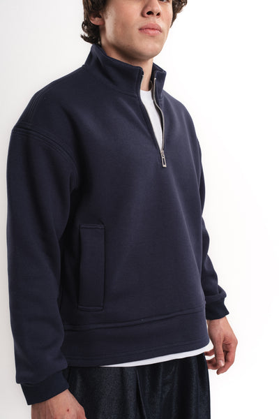 Oversize Yarım Fermuarlı Üç İplik Sweatshirt - Lacivert
