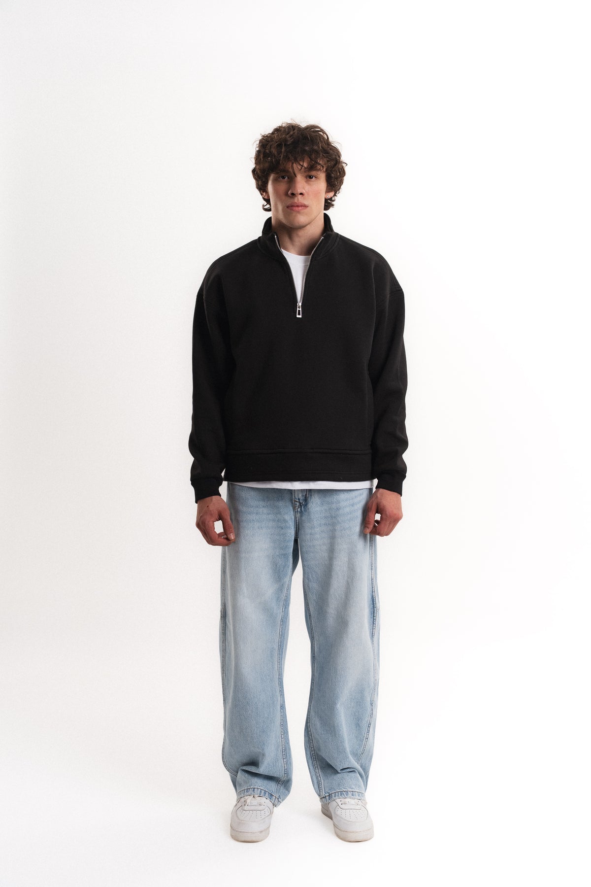Oversize Yarım Fermuarlı Üç İplik Sweatshirt - Siyah