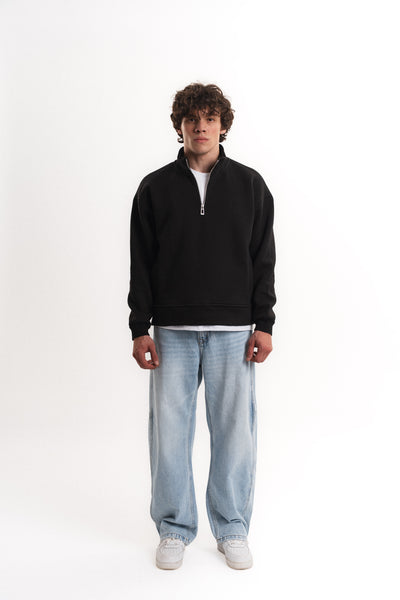 Oversize Yarım Fermuarlı Üç İplik Sweatshirt - Siyah