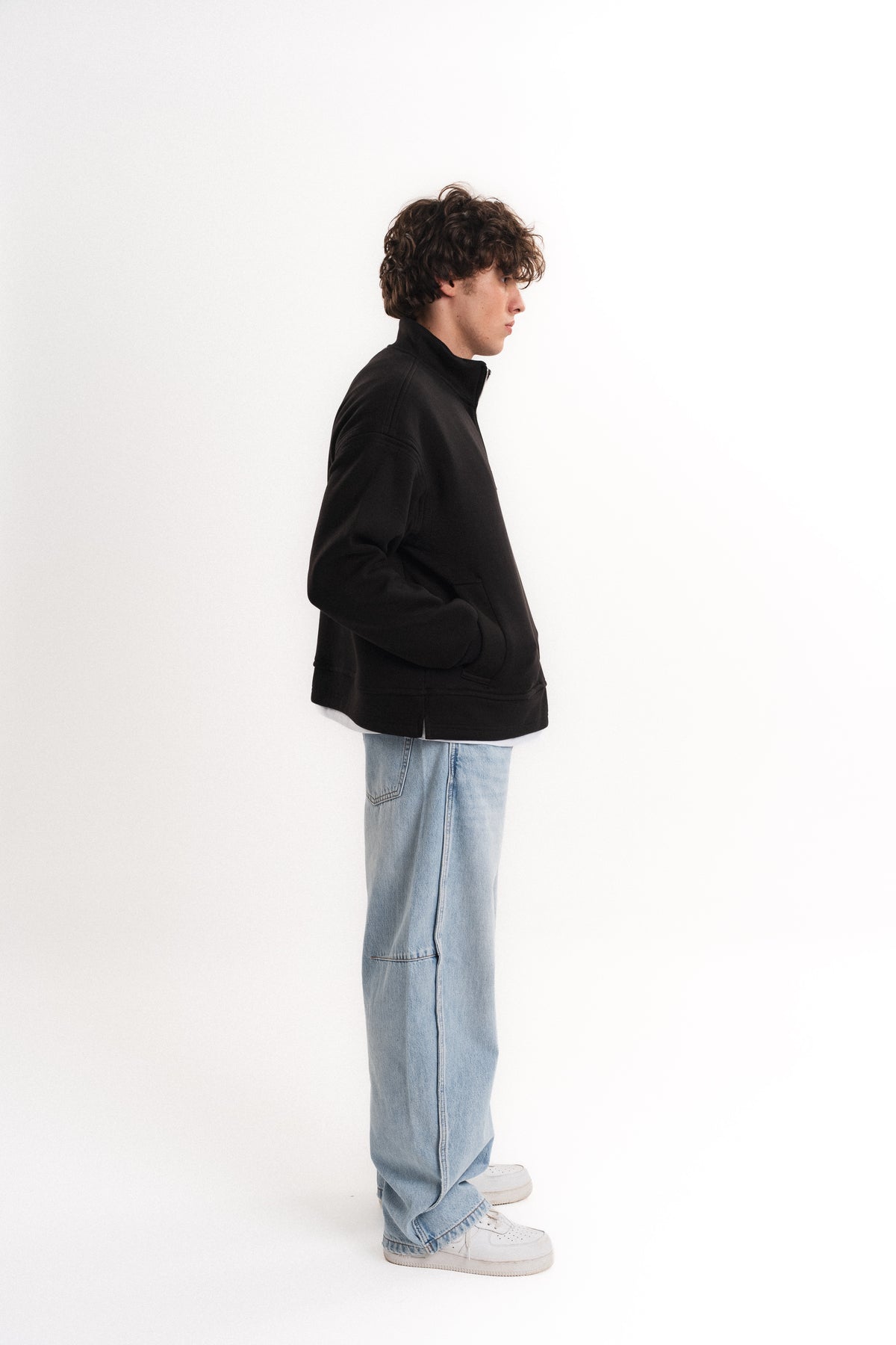 Oversize Yarım Fermuarlı Üç İplik Sweatshirt - Siyah
