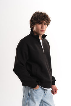 Oversize Yarım Fermuarlı Üç İplik Sweatshirt - Siyah