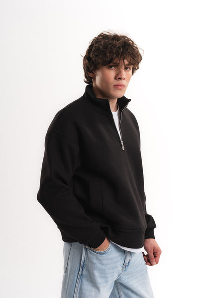 Oversize Yarım Fermuarlı Üç İplik Sweatshirt - Siyah