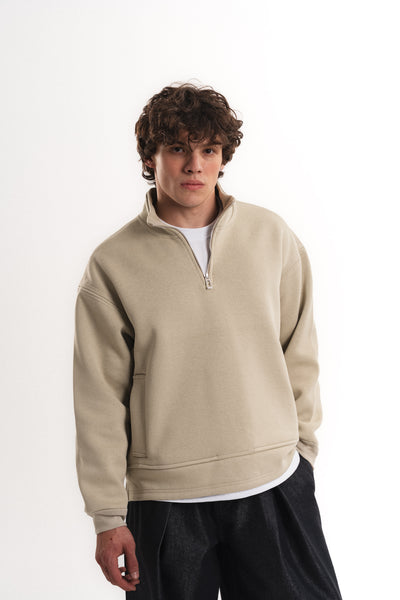 Oversize Yarım Fermuarlı Üç İplik Sweatshirt - Taş