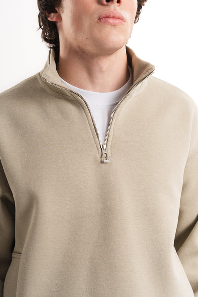 Oversize Yarım Fermuarlı Üç İplik Sweatshirt - Taş