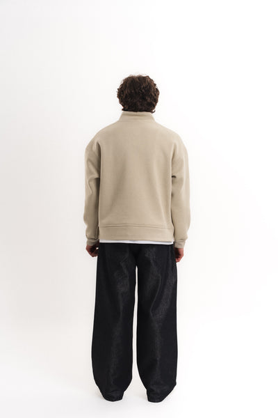 Oversize Yarım Fermuarlı Üç İplik Sweatshirt - Taş