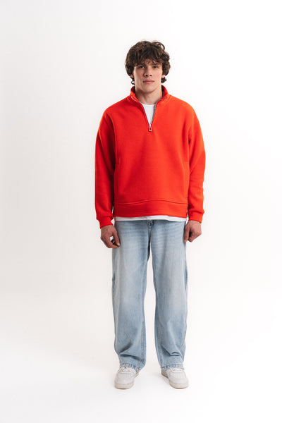 Oversize Yarım Fermuarlı Üç İplik Sweatshirt - Turuncu