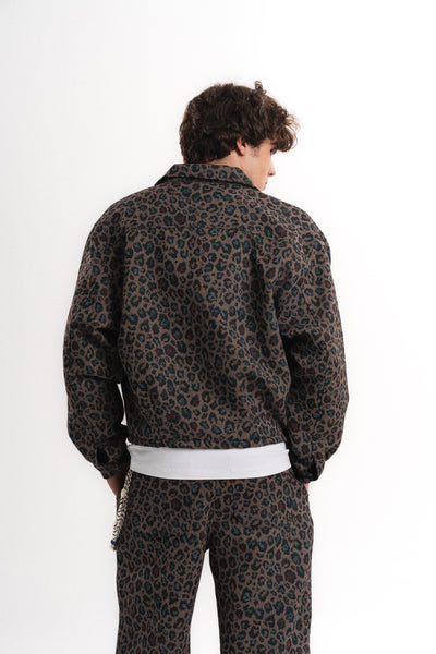 Leopar Desenli Oversize Crop Ceket - Haki