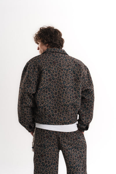Leopar Desenli Oversize Crop Ceket - Haki