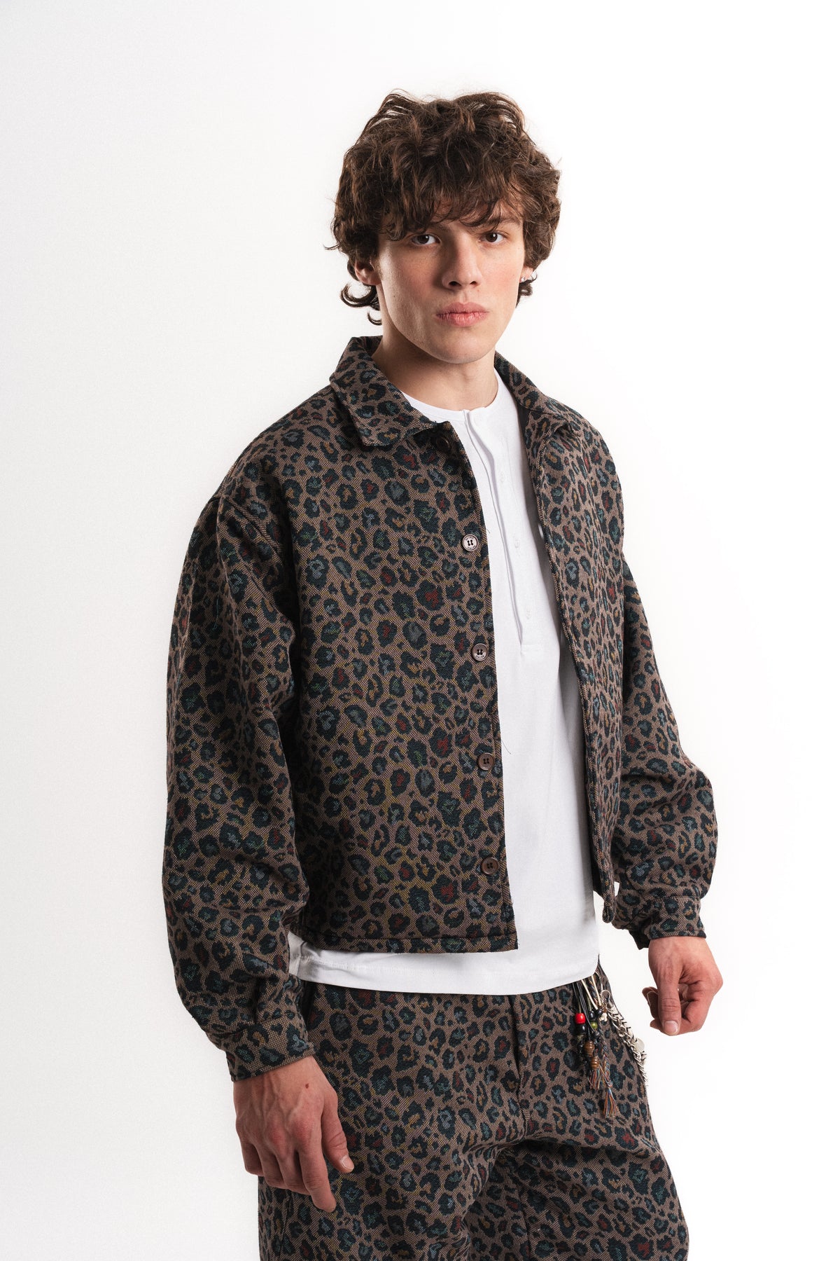 Leopar Desenli Oversize Crop Ceket - Haki