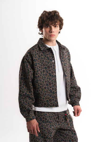 Leopar Desenli Oversize Crop Ceket - Haki