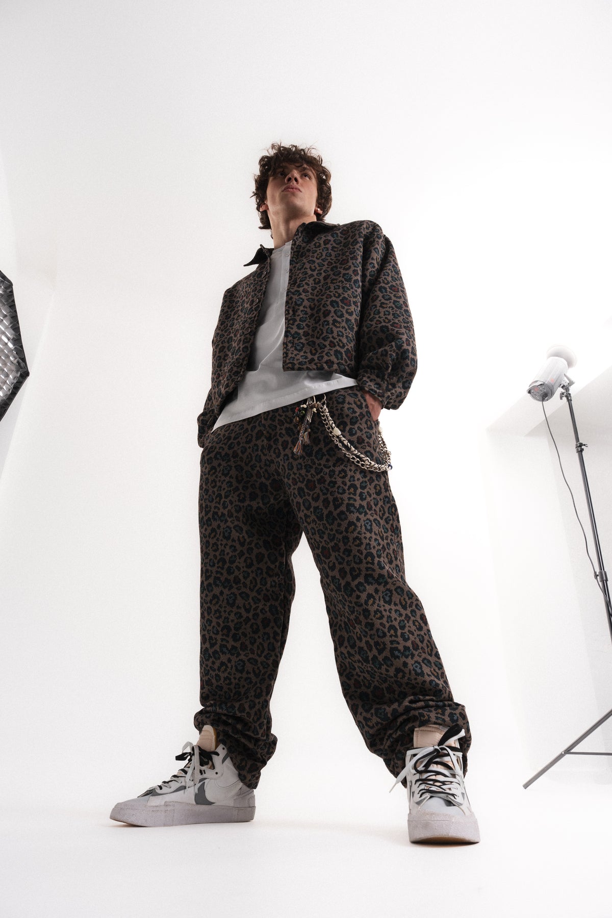 Leopar Desenli Oversize Crop Ceket - Haki