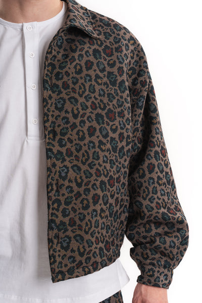 Leopar Desenli Oversize Crop Ceket - Haki