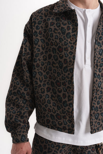 Leopar Desenli Oversize Crop Ceket - Haki