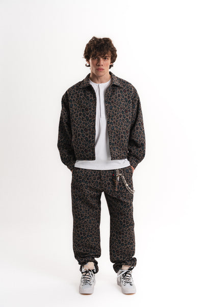 Leopar Desenli Oversize Crop Ceket - Haki
