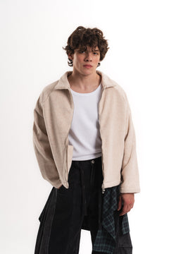 Oversize Crop Fermuarlı Molime Ceket - Bej