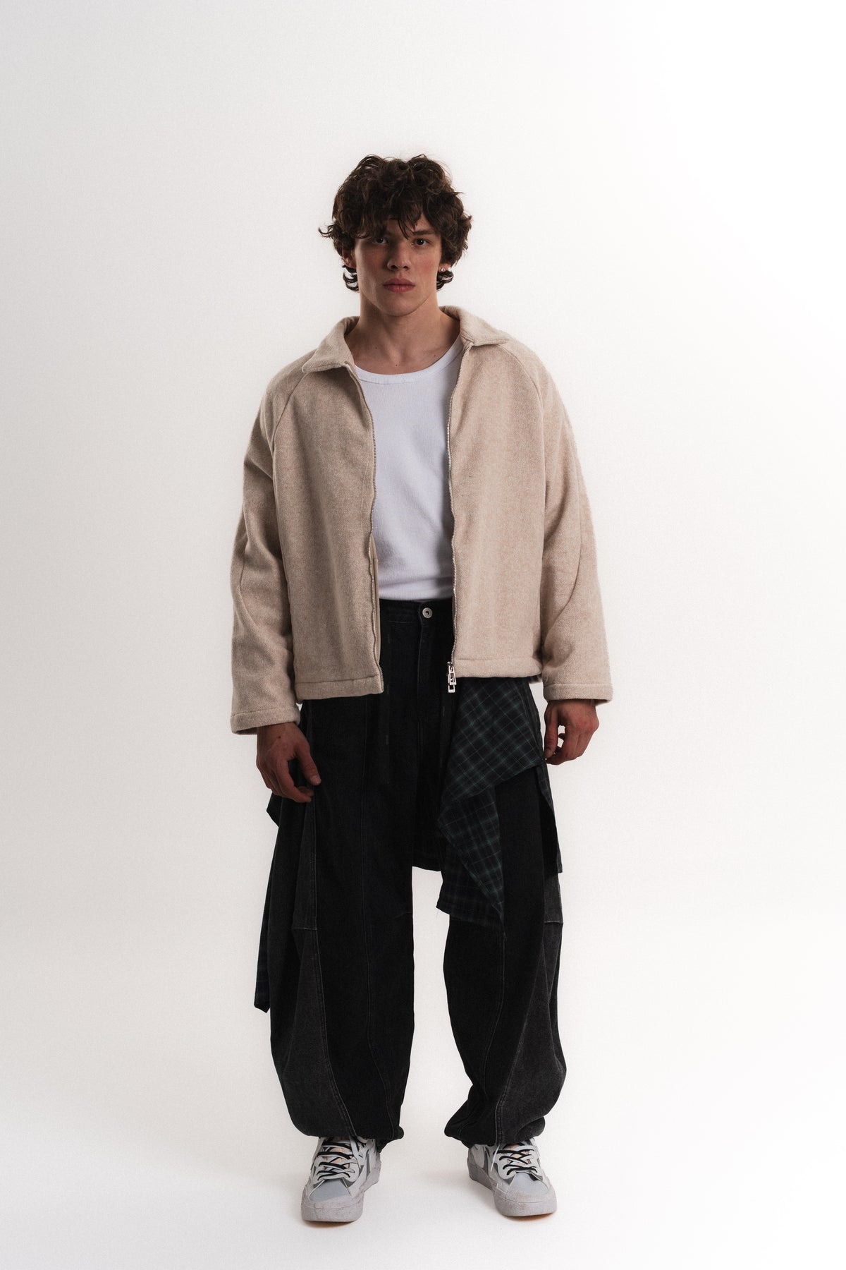 Oversize Crop Fermuarlı Molime Ceket - Bej