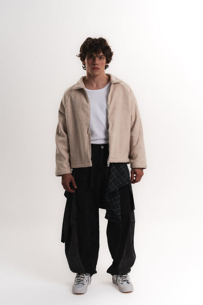 Oversize Crop Fermuarlı Molime Ceket - Bej