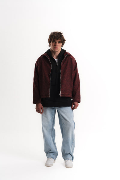 Oversize Crop Fermuarlı Molime Ceket - Bordo