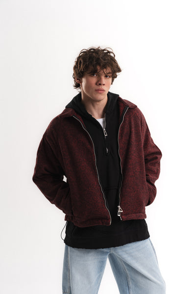 Oversize Crop Fermuarlı Molime Ceket - Bordo