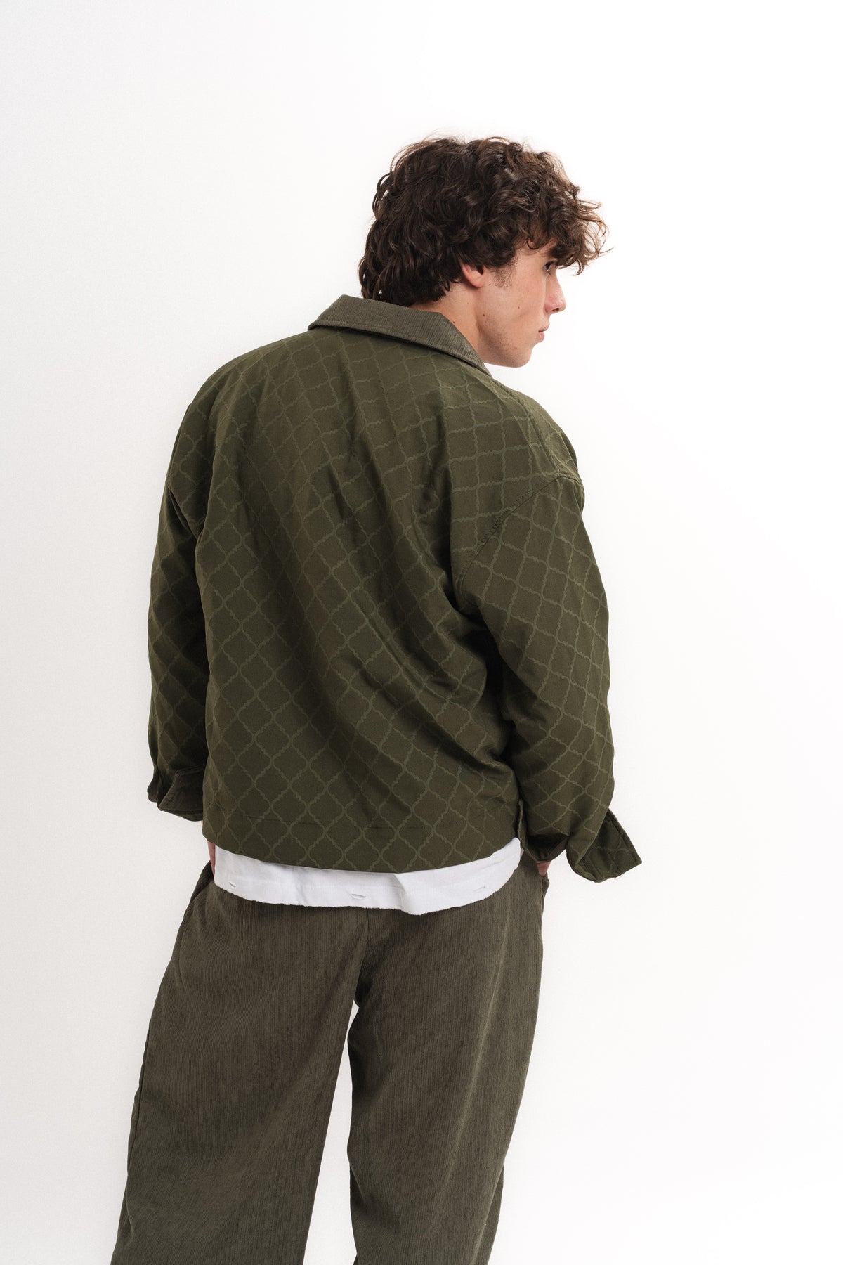 Kadife Yakalı Oversize Kapitone Ceket - Haki