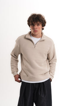 Oversize Yarım Fermuarlı Sweatshirt - Bej