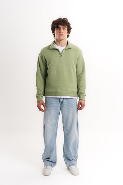 Oversize Yarım Fermuarlı Sweatshirt - Çağla Yeşili
