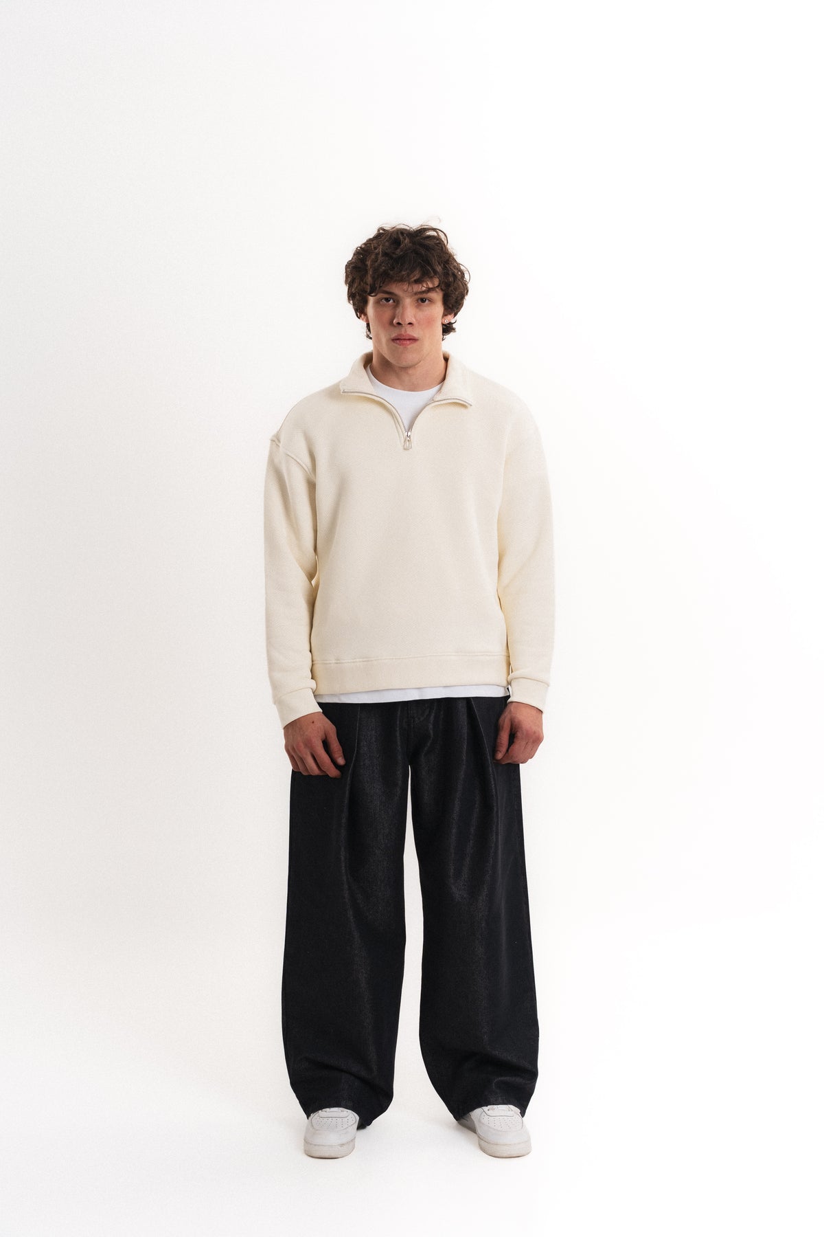Oversize Yarım Fermuarlı Sweatshirt - Ekru